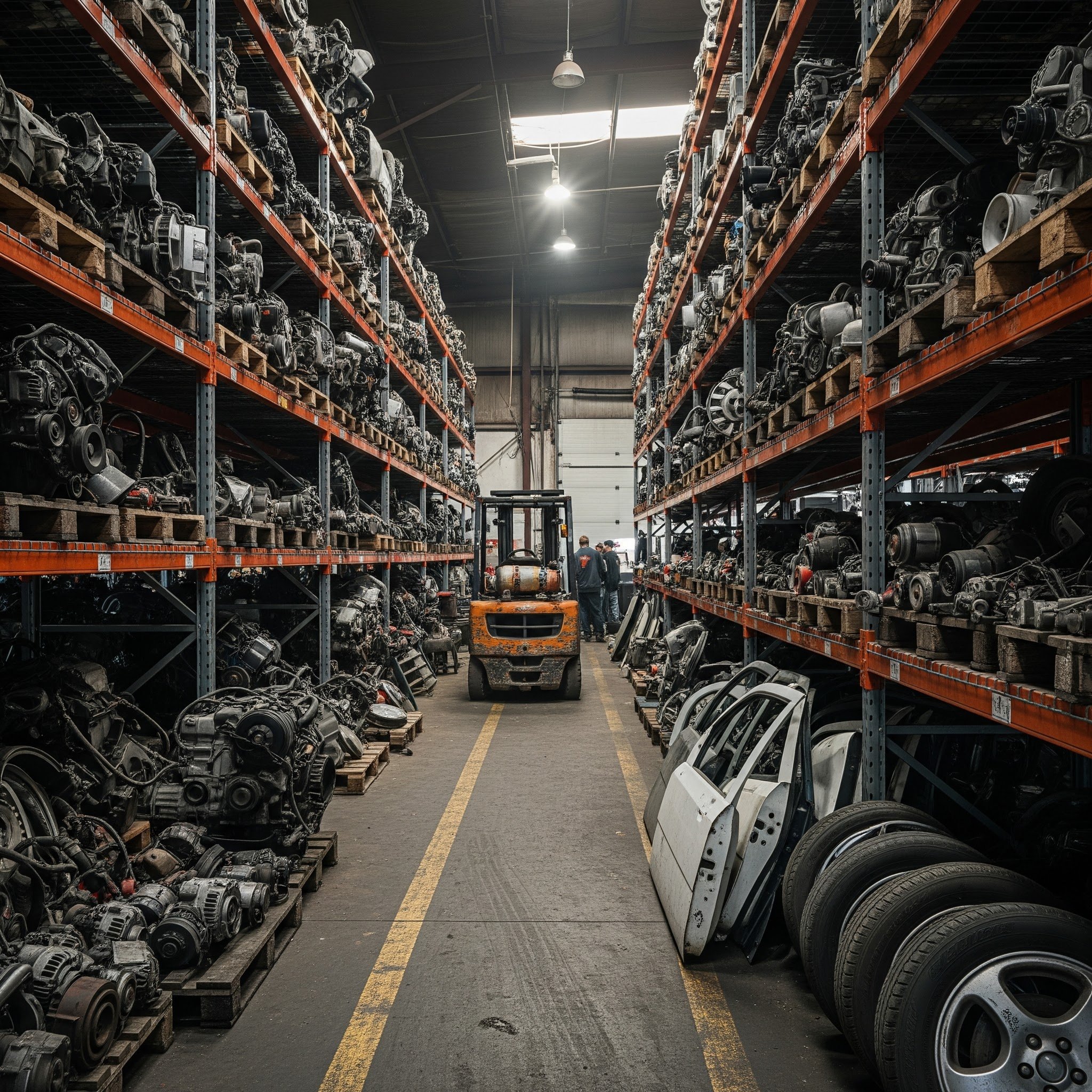 An industrial warehouse with shelves full of automotive engine parts and tires. A forklift is operating in the aisle, and two workers are standing near the forklift near the back of the warehouse.