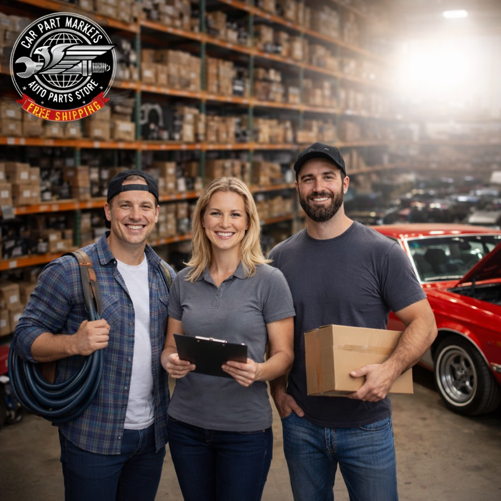 Three smiling people, two men and a woman, standing in an auto parts warehouse. One man is holding a coil of black cable, the woman has a clipboard, and the other man is holding a cardboard box. The warehouse shelves in the background are filled with boxes, and a red car with its hood open is visible on the right.