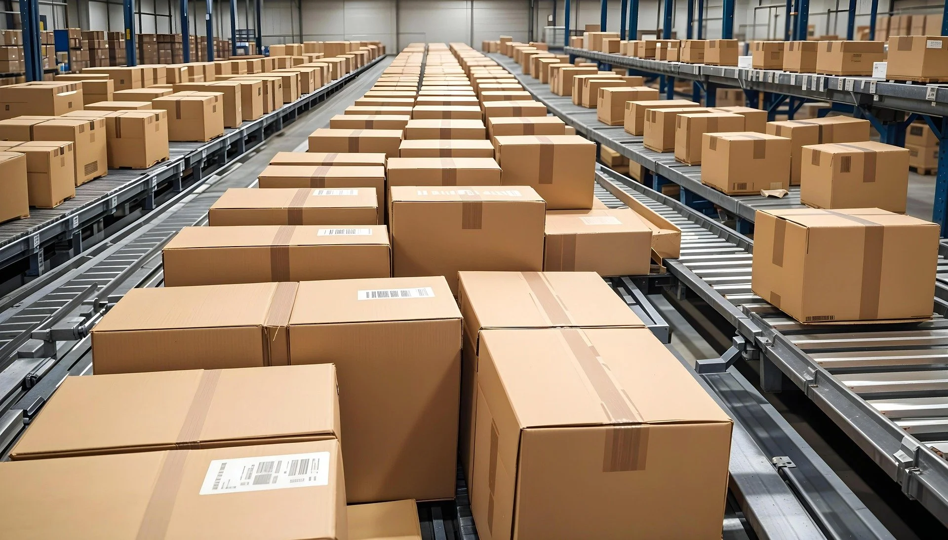 Multiple cardboard boxes on conveyor belts in a warehouse.