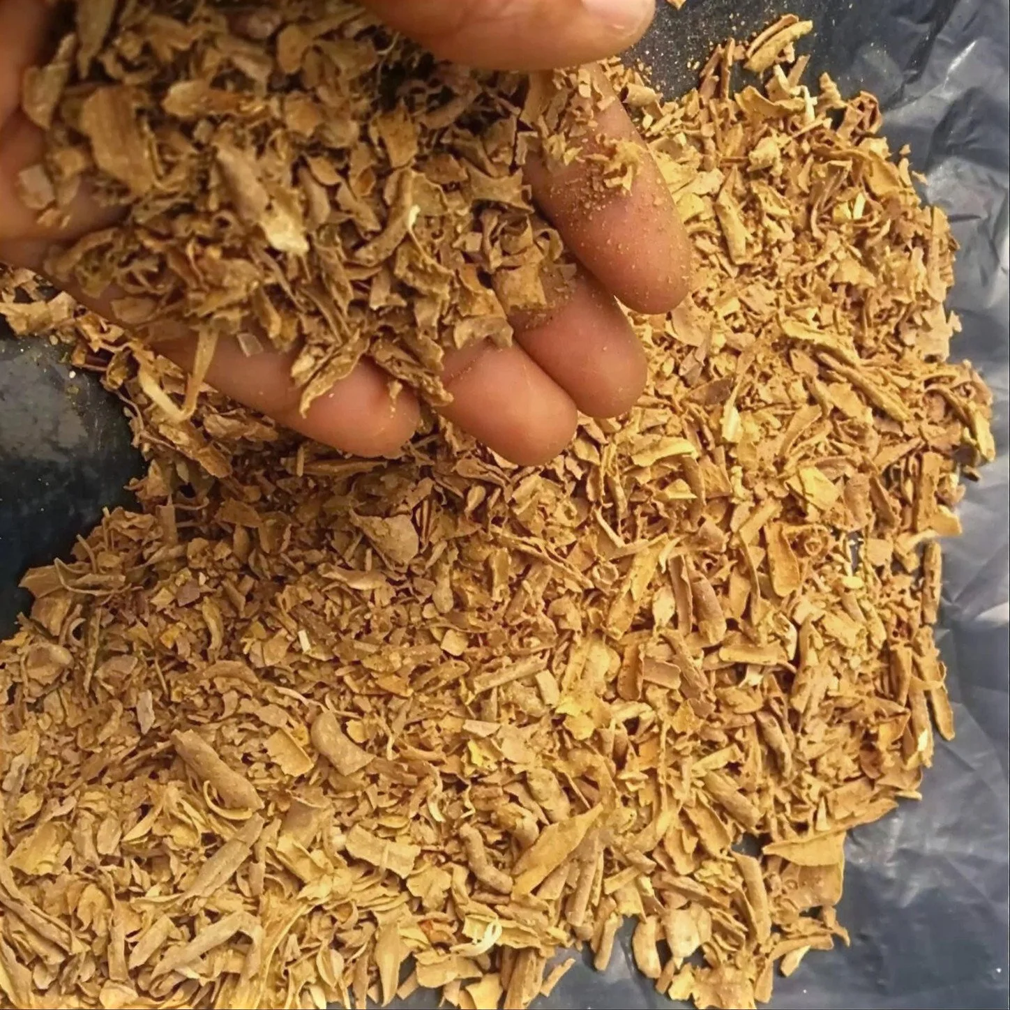Close-up of a hand holding shredded dried tobacco leaves.