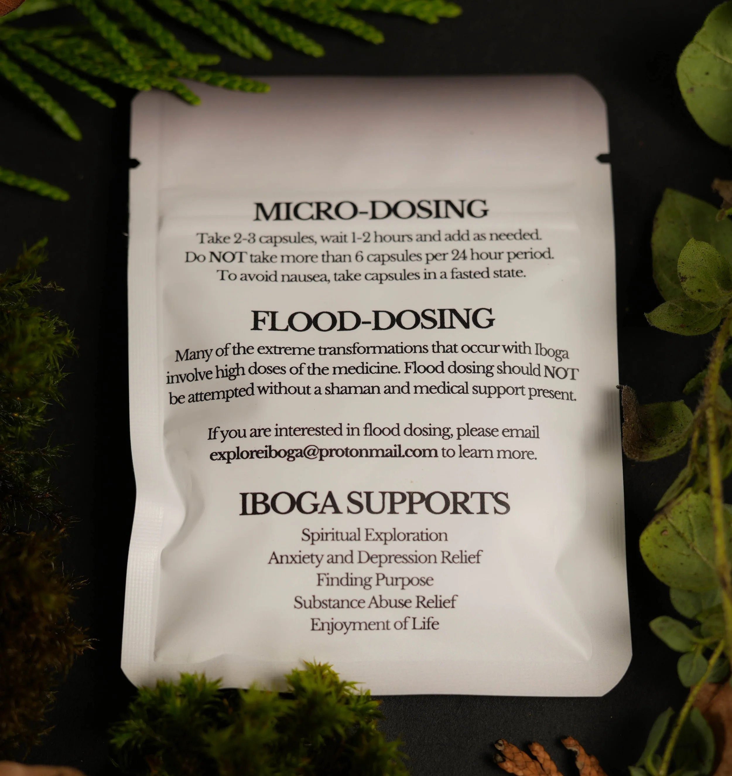 Instructions for micro-dosing and flood-dosing iboga, including dosage guidelines, warnings, and contact information, with supporting benefits listed.