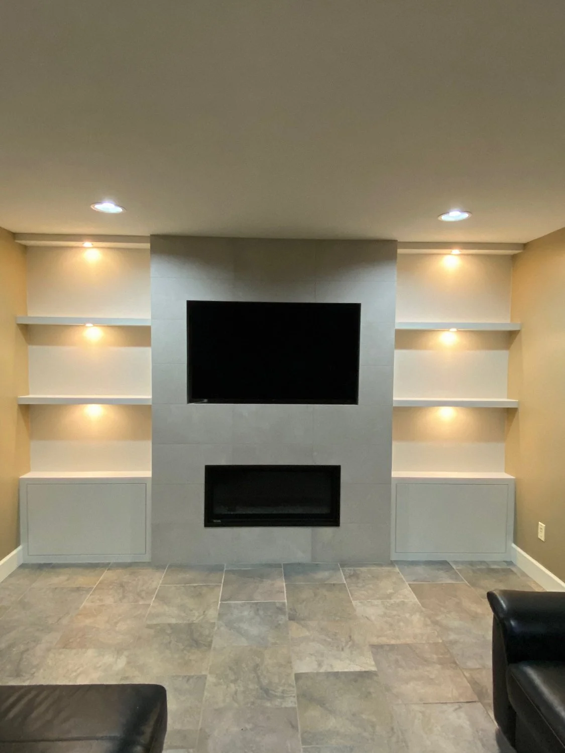 Modern fireplace surround with built-in shelving