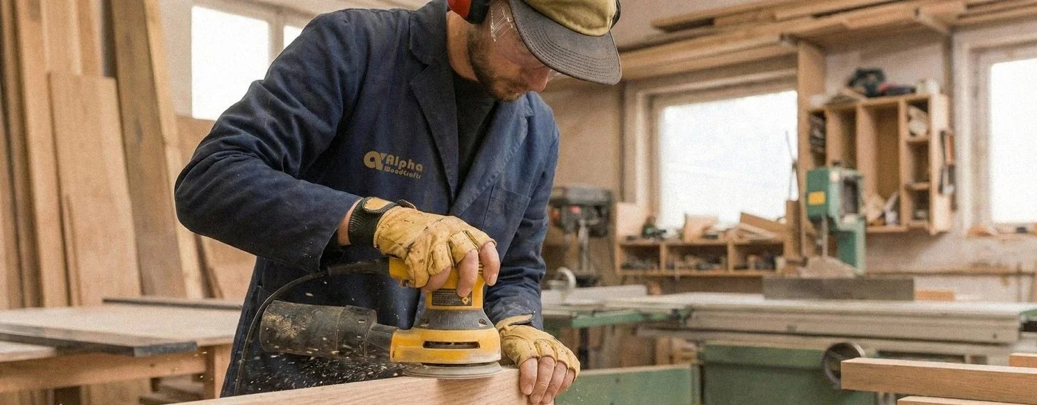 A man in a blue workshop jacket and gloves using a handheld electric sander on a piece of wood in a woodworking shop with natural light.