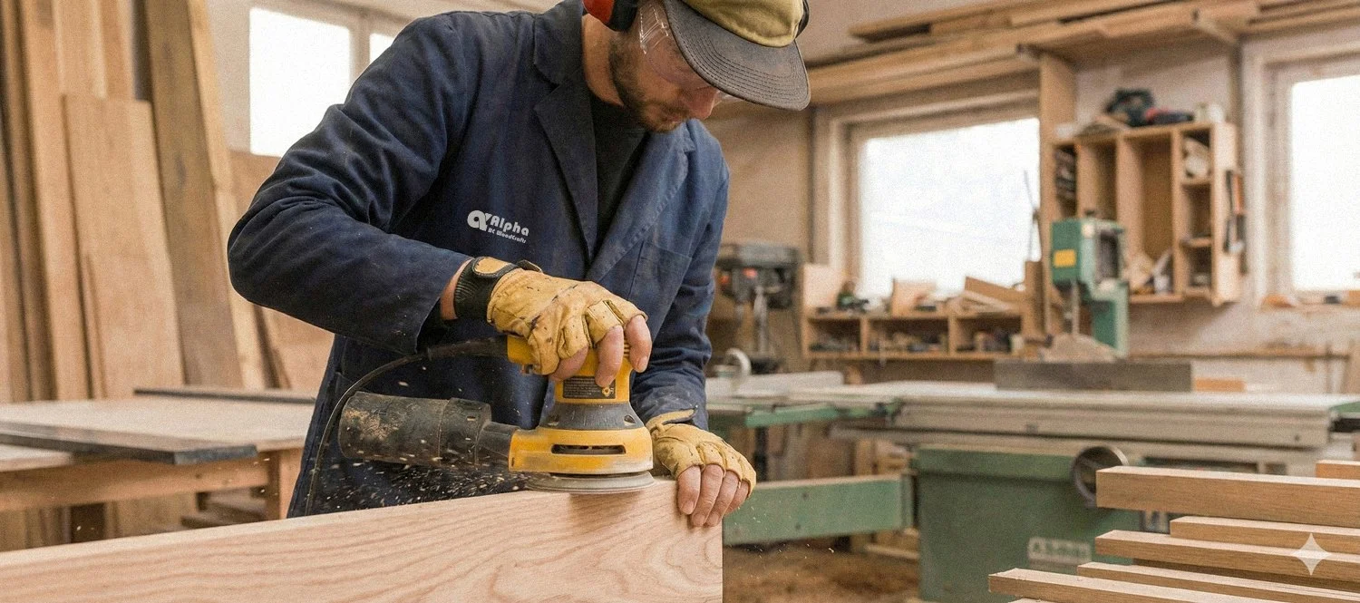 Craftsman sanding solid wood in Alpha Woodcrafts BC workshop, showcasing precision custom millwork production in British Columbia.