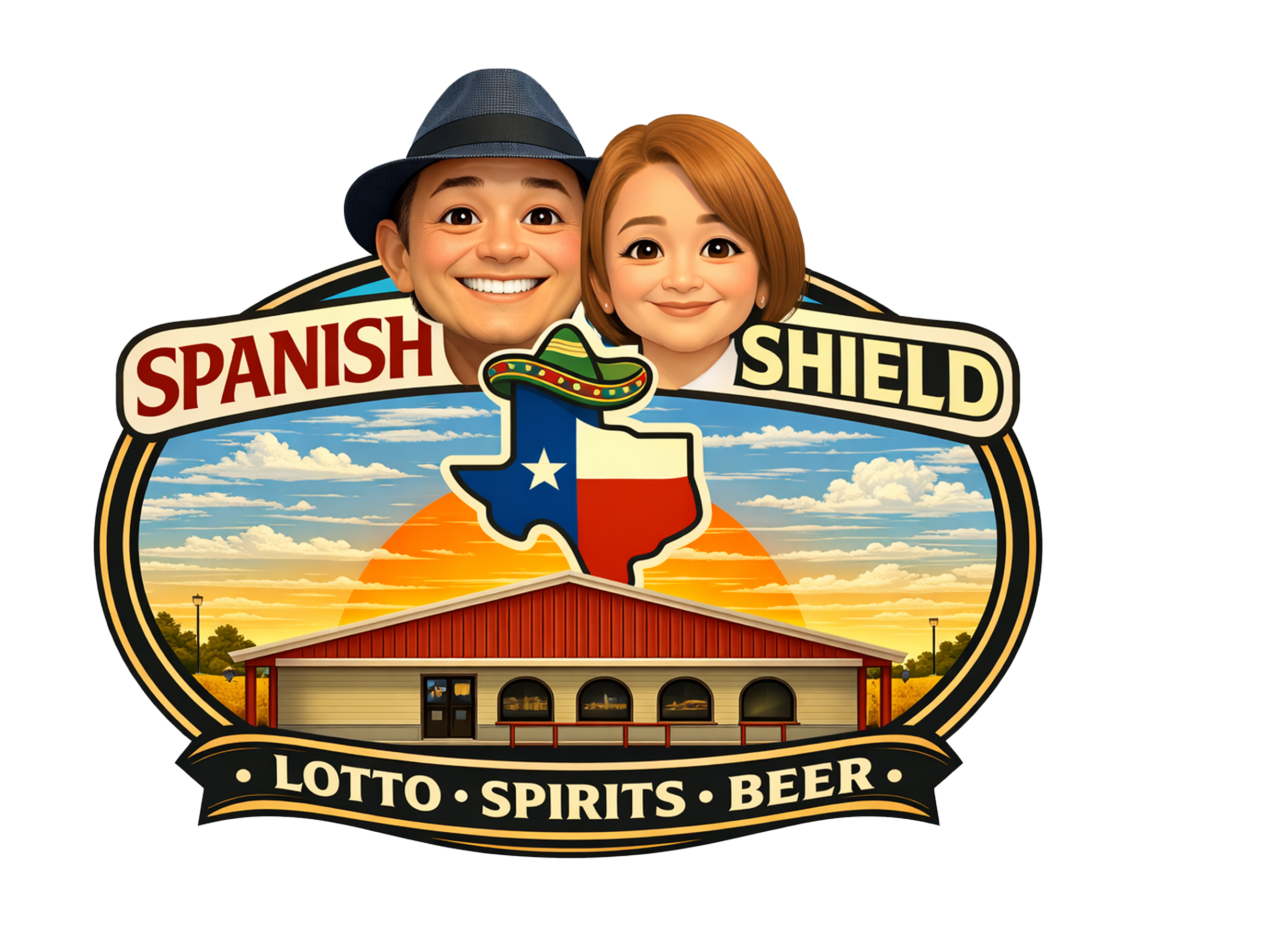 A colorful illustration of a logo with smiling cartoon characters, a man in a hat and a woman, surrounded by a sunset and rural building, promoting Spanish Shield brand of lotto, spirits, and beer.