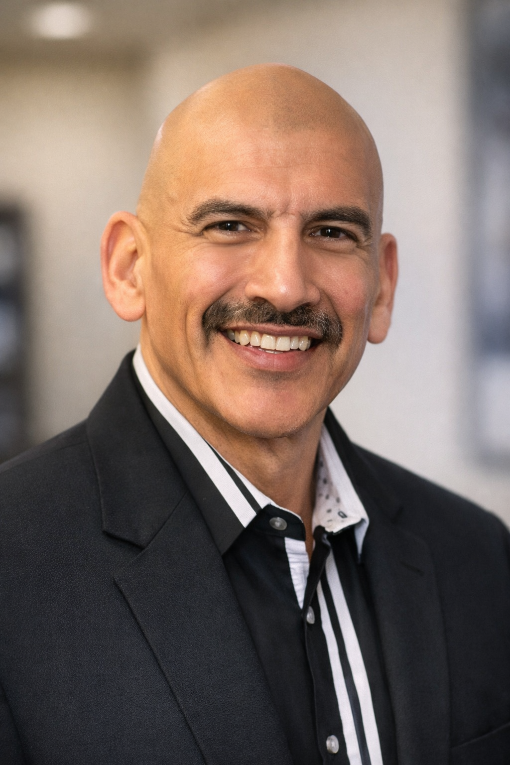 Headshot of a smiling bald man with a mustache, wearing a dark suit jacket and a striped shirt, in an office setting.