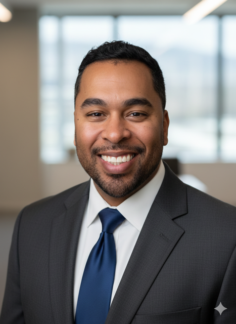 Headshot of a smiling man in a business suit with a tie, in an office setting with large windows.
