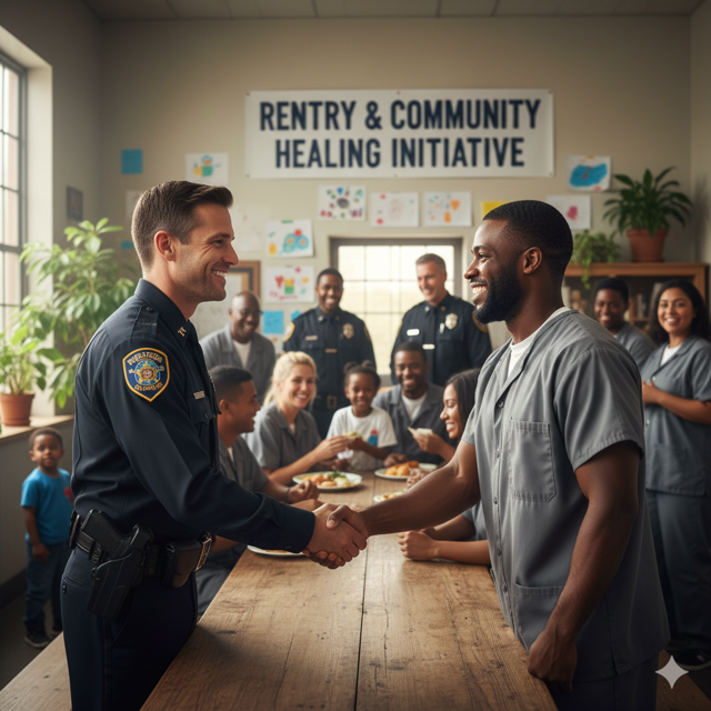 A police officer and a prisoner shake hands in a community room with a sign that reads 'Reentry & Community Healing Initiative,' surrounded by a diverse group of people smiling.