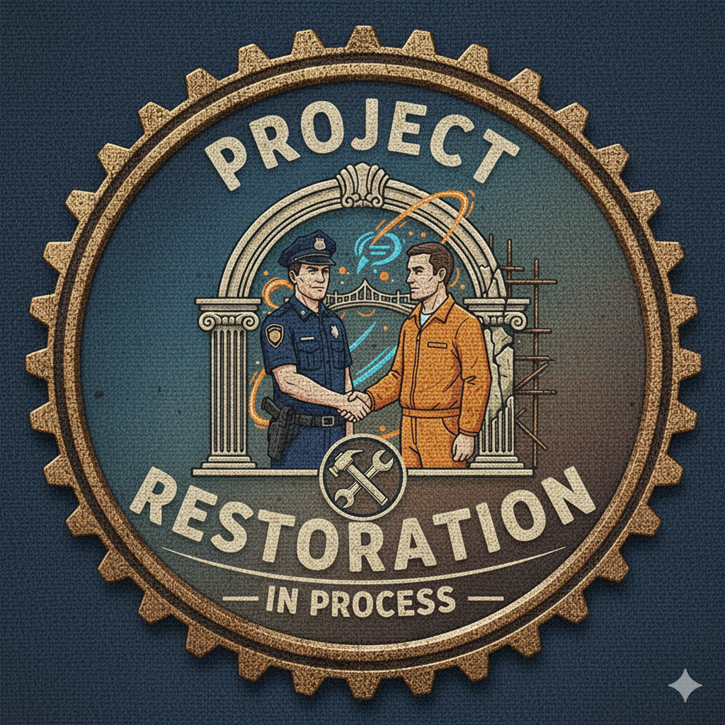 A badge with a gear border that reads "Project Restoration" and "In Process". Inside, there is an illustration of a the police shaking hands with a inmate in front of classical columns and a bridge, with construction tools and energy symbols around.
