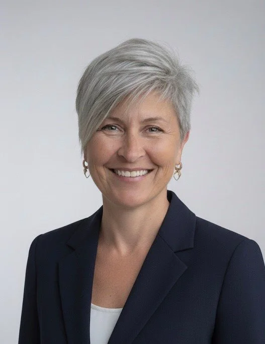 A woman with short gray hair, wearing a dark blazer and gold earrings, smiling against a plain light background.