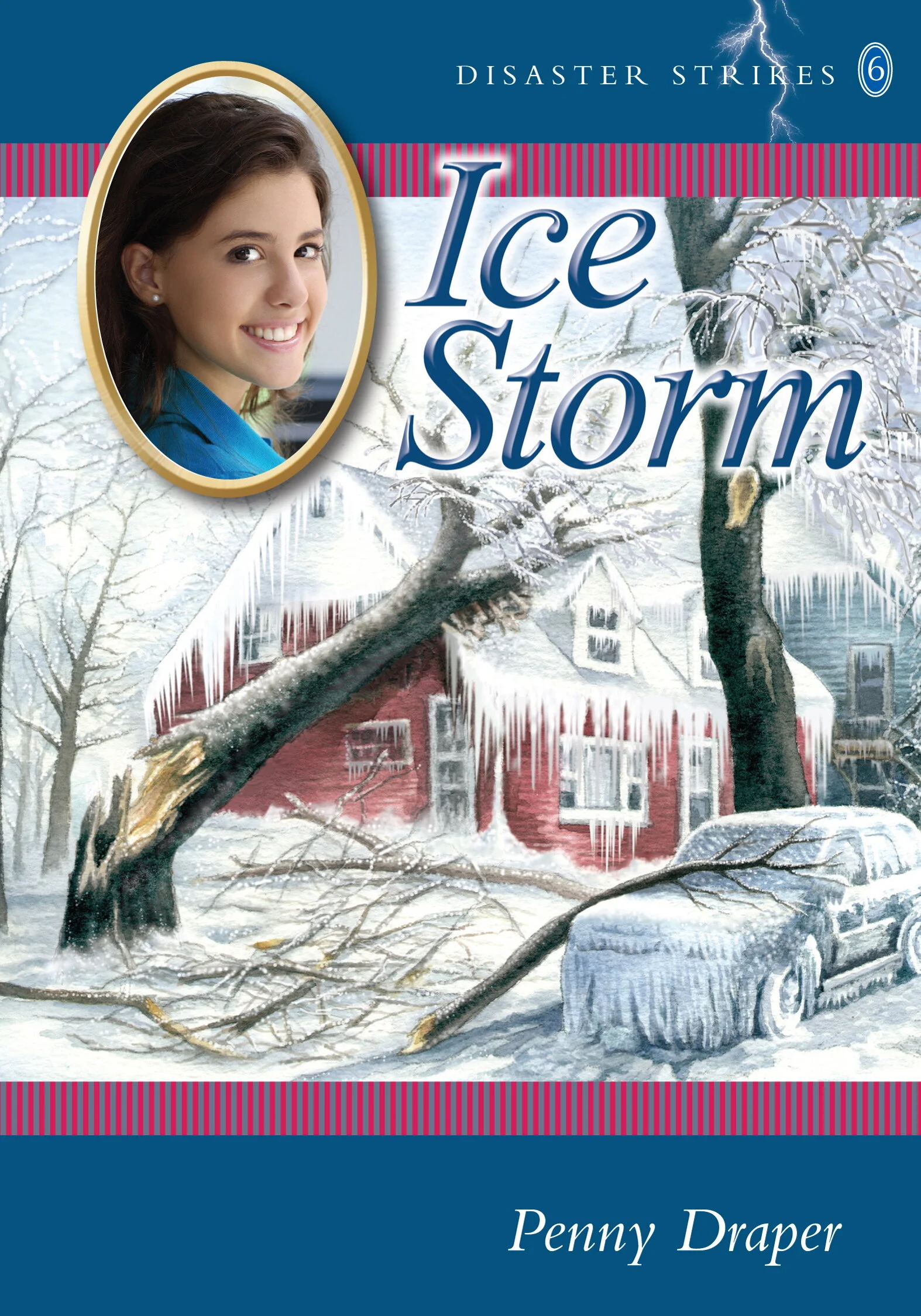 Book cover titled "Ice Storm" by Penny Draper, featuring an illustration of a snow-covered house and a fallen tree in a winter scene, with a smiling young girl photo in an oval at the top left corner.