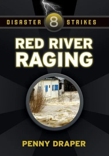 Book cover titled 'Disaster Strikes 8: Red River Raging' by Penny Draper, featuring an image of a house with floodwaters and storm clouds with lightning in the background.