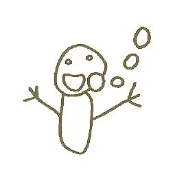 Simple line drawing of a happy cartoon character with an open mouth, with three small circles above its head representing the telling of stories.
