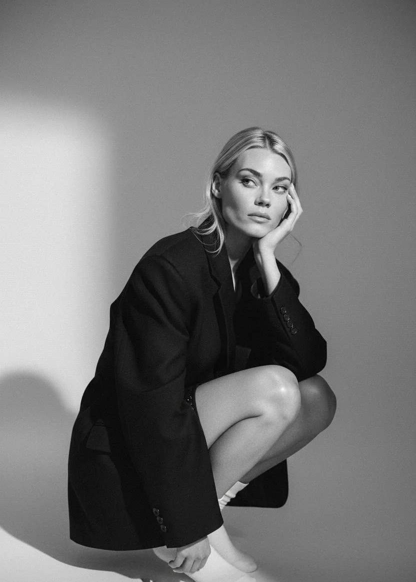 Black and white photo of a woman squatting, dressed in a blazer, with one hand resting on her face and looking to the side.