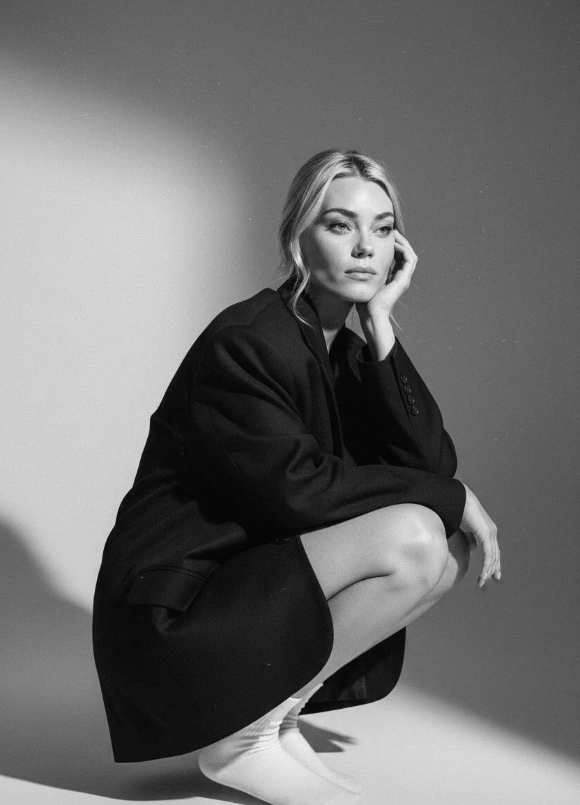 Black and white photo of a woman with blonde hair squatting down, resting her chin on her hand, wearing a dark blazer, skirt, and white socks.