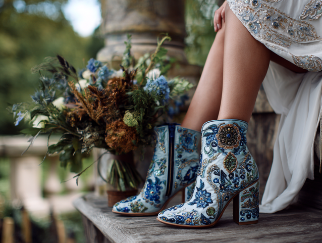 Close-up  van een hippe bruid met kleurrijke laarzen. met een bruidsboeket naast haar. 