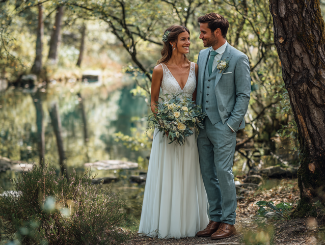 Bruid en bruidegom romantisch in het bos, lachend naar elkaar op hun huwelijksdag. 