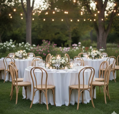 Elegant outdoor dining setup with multiple round tables covered in white tablecloths and surrounded by natural wood bentwood chairs, floral centerpieces, and string lights hanging overhead in a garden setting at sunset.