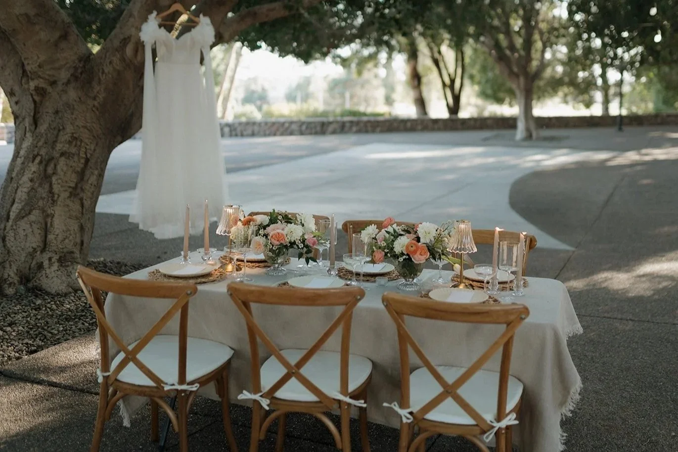 A decorated outdoor dining table with floral arrangements, candles, and tableware, and natural wood x back chairs set under a large tree on a sunny day.
