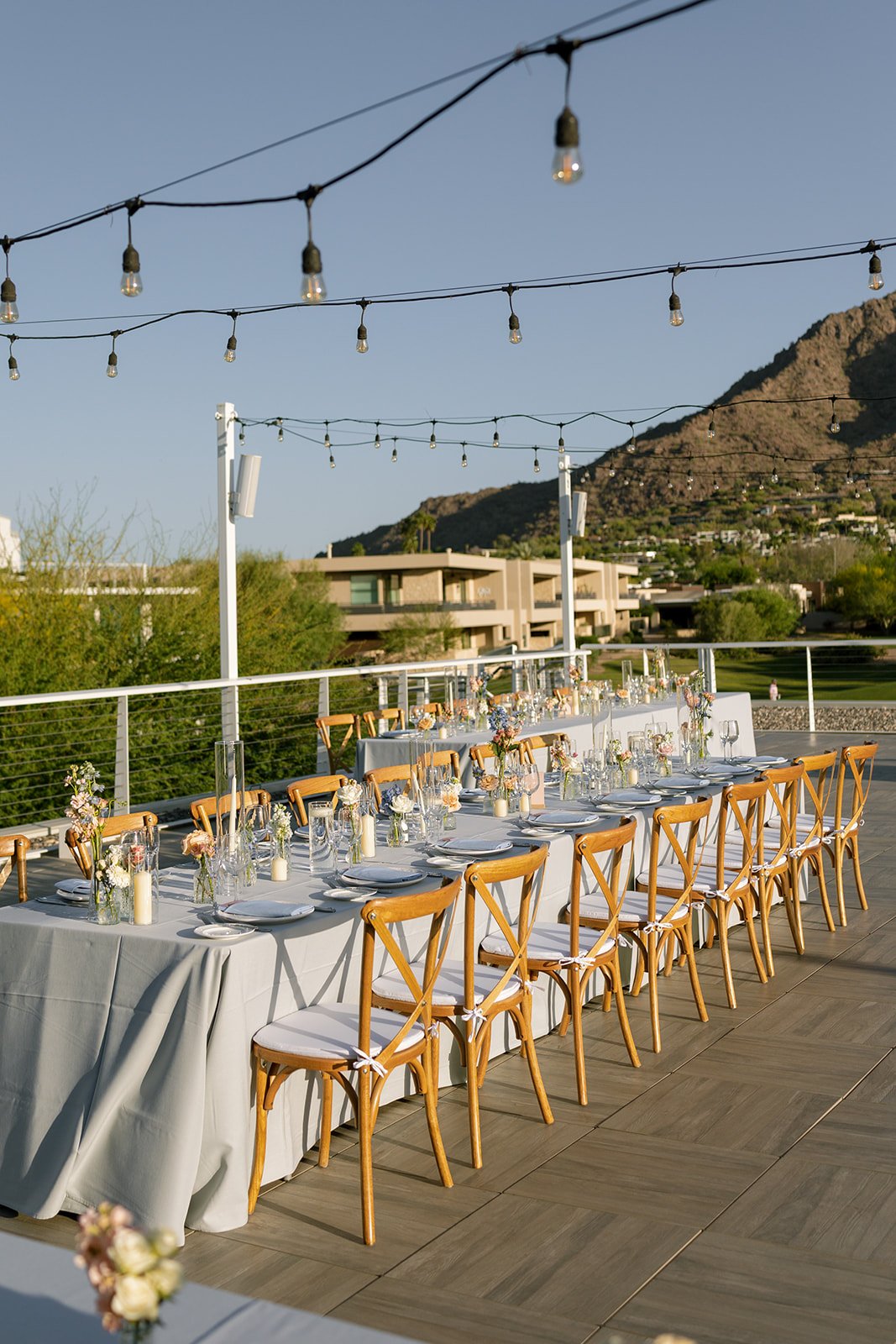 Natural Wood X Back with White Tie Cushion, Outdoor Wedding Reception, Scottsdale, AZ - Royal Palms