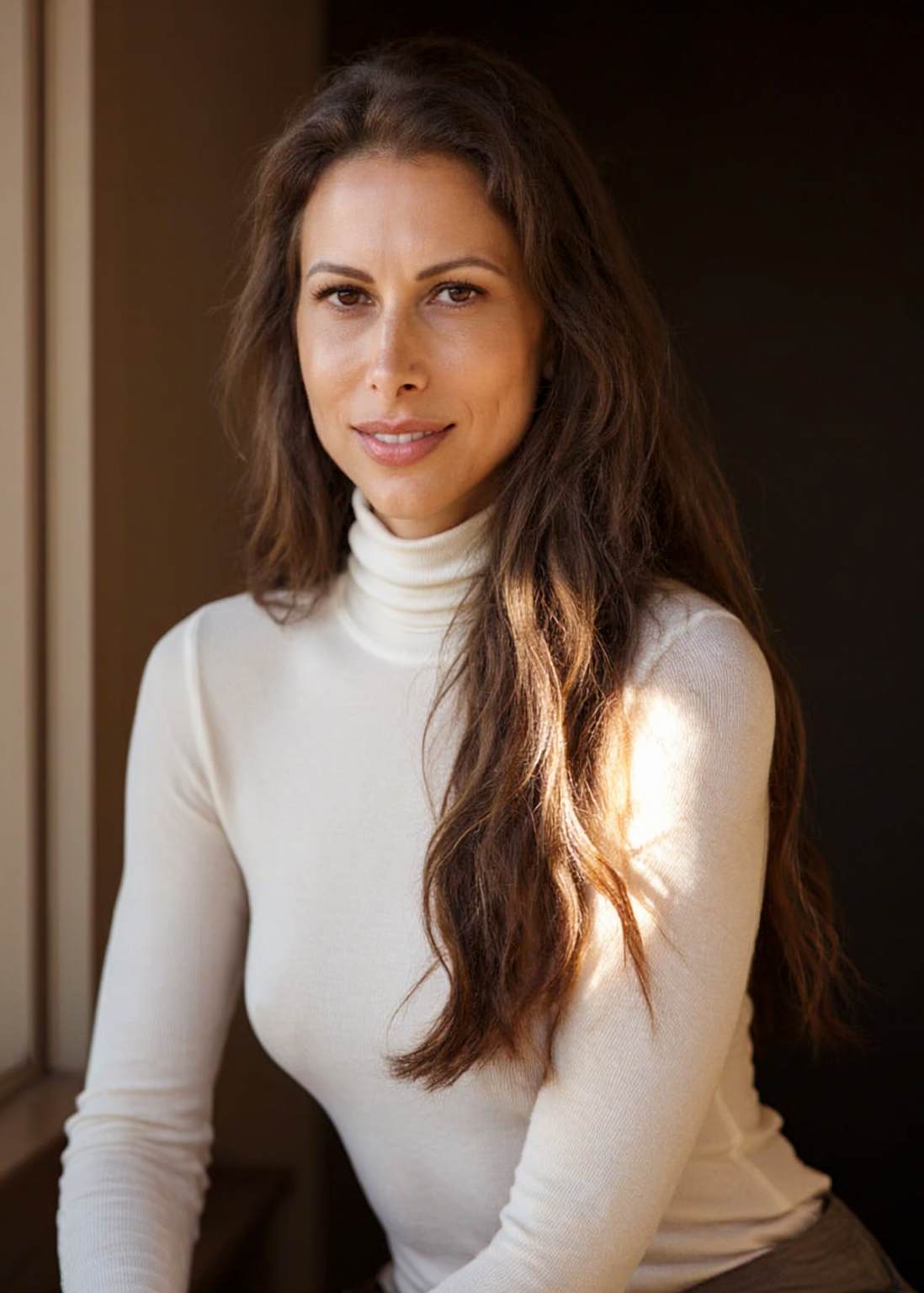 Portrait of a woman with long brown hair wearing a white turtleneck sweater, sitting indoors near a window.