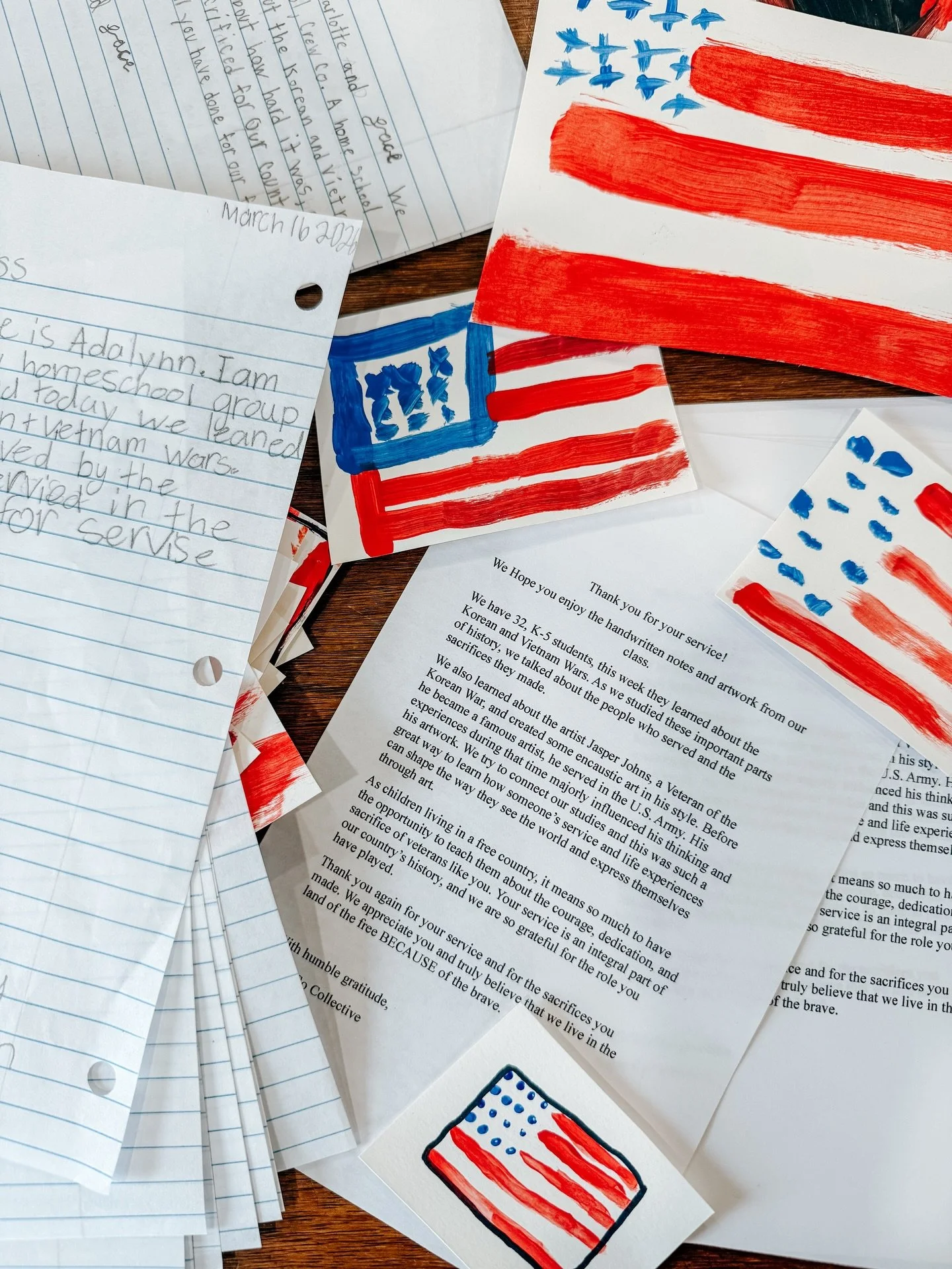 Today the kids learned about the Korean War and the Vietnam War and the sacrifices made by the men and women who served.

After our lesson, the students wrote thank you letters to local veterans to express their gratitude. Each letter included a piec