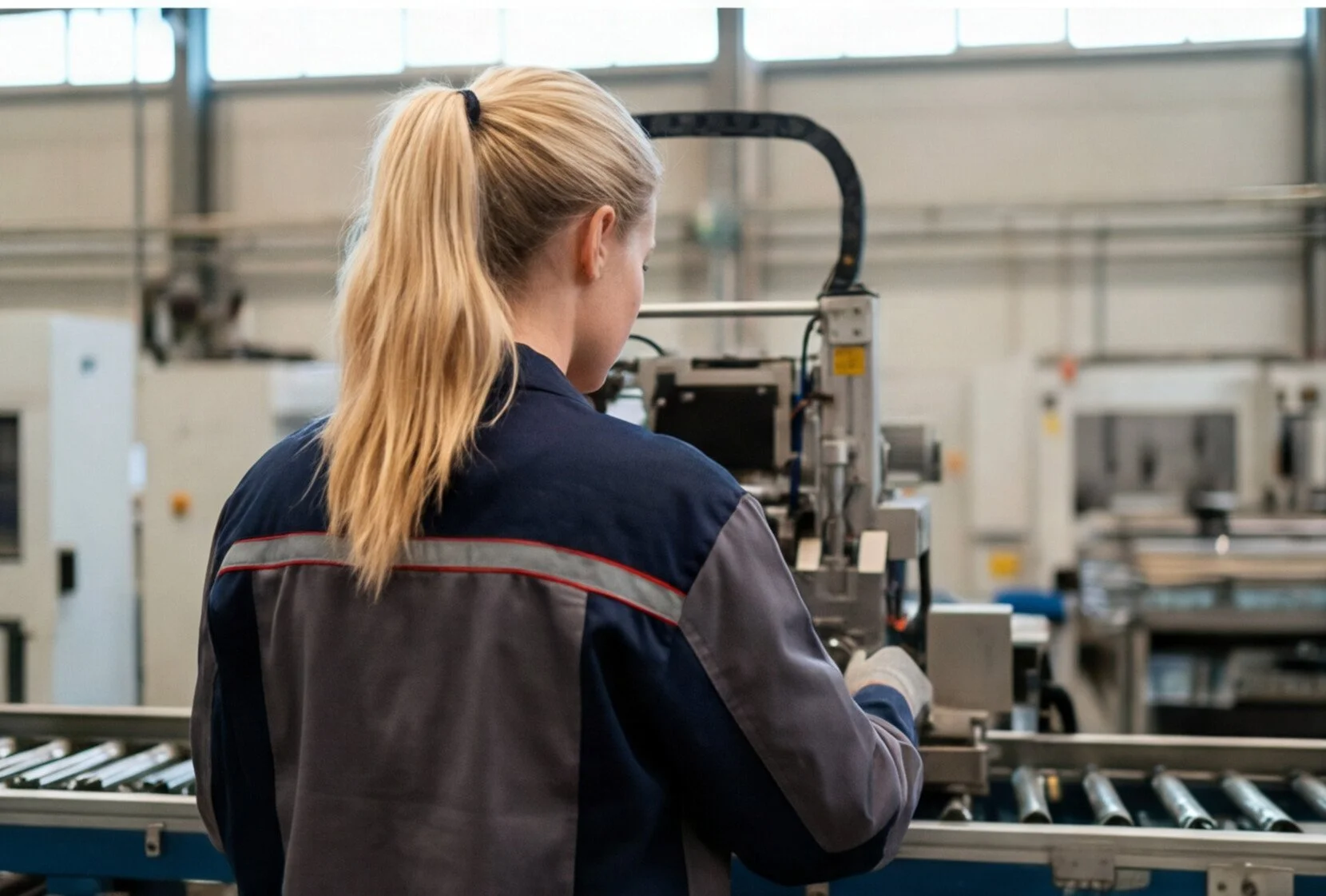 Eine blonde Frau arbeitet in einer Fabrik an einer Maschine, trägt eine dunkle Arbeitsjacke mit rot und grau details, in einem Industriegebäude mit großen Fenstern.