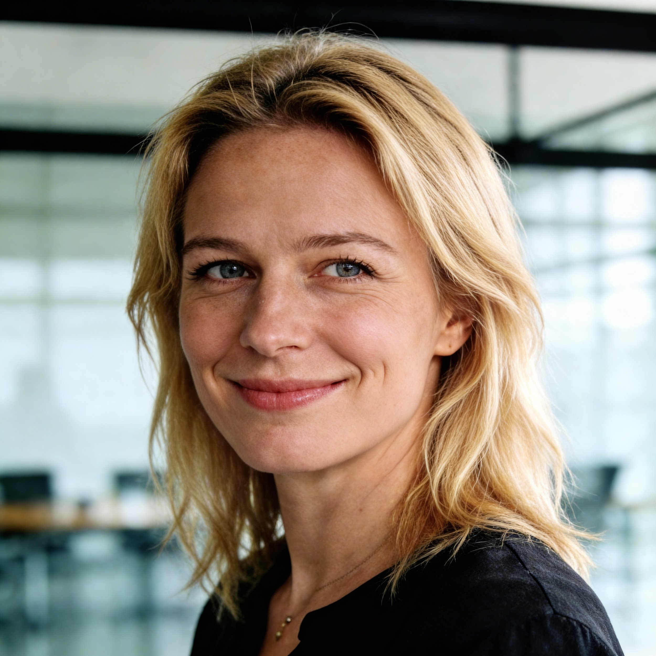 Nahaufnahme einer lächelnden Frau mit blonden, leicht gewellten Haaren, in einem modernen Büro mit großen Fenstern im Hintergrund.