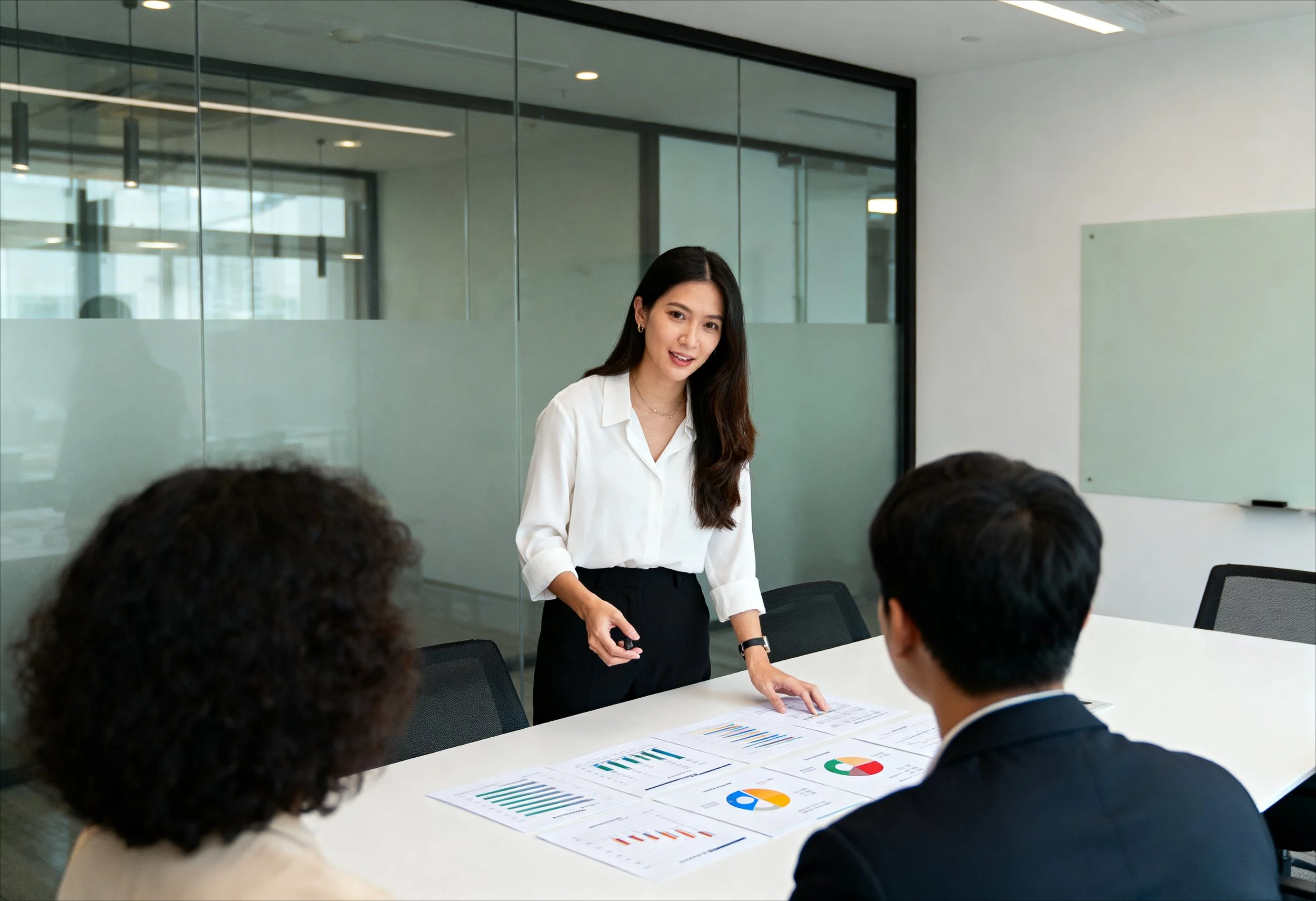 Eine Frau präsentiert vor drei Personen an einem Konferenztisch mit Diagrammen in einem modernen Büro.