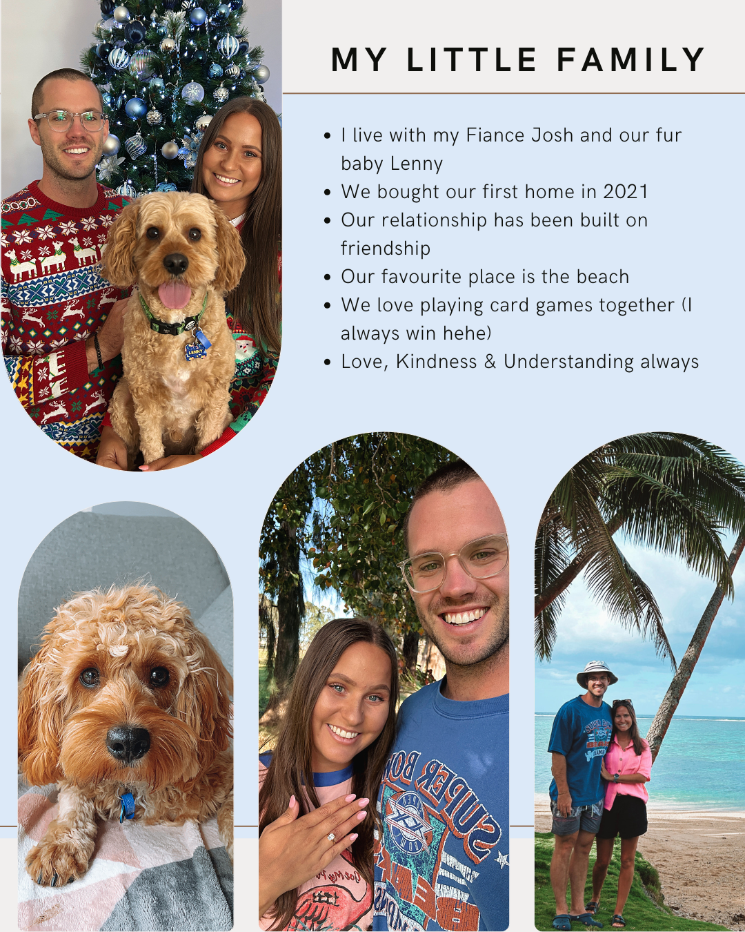 A collage of three photos with a Christmas theme in the top left corner, a man and woman with their dog in the bottom right, and another couple at the beach on the bottom right. Text describes their family details and interests.