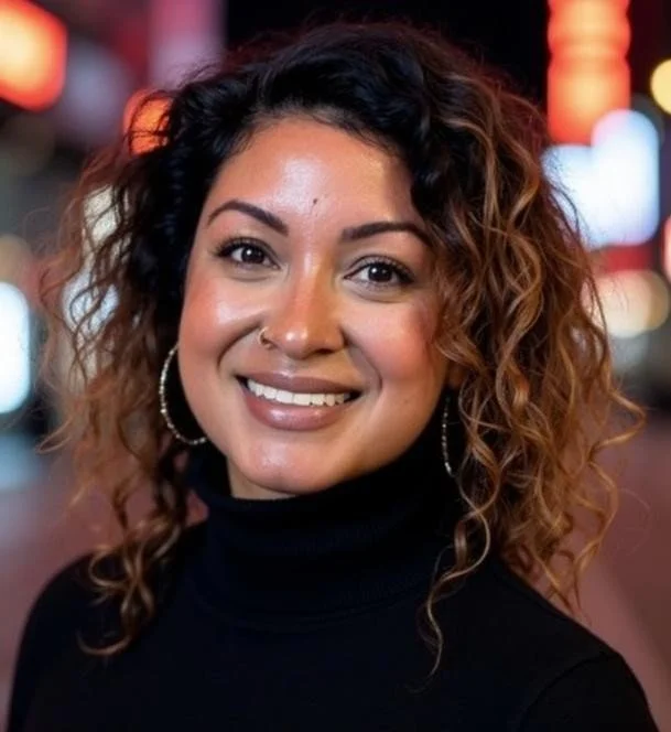 Close-up of a smiling woman with curly brown hair, wearing hoop earrings and a black turtleneck, in a vibrant city setting at night.