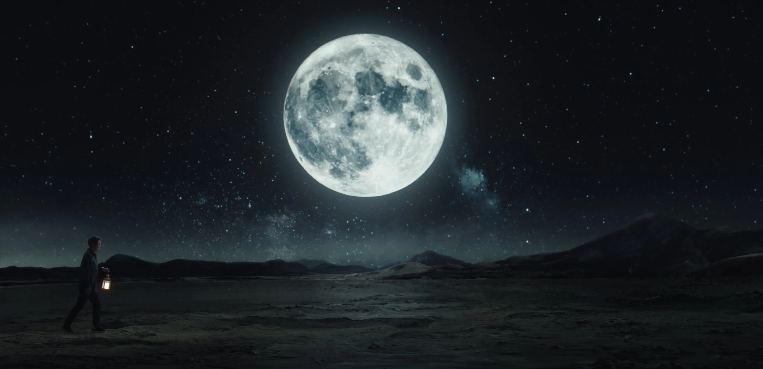 A person holding a lantern walking on a desert landscape under a large bright full moon and starry night sky.
