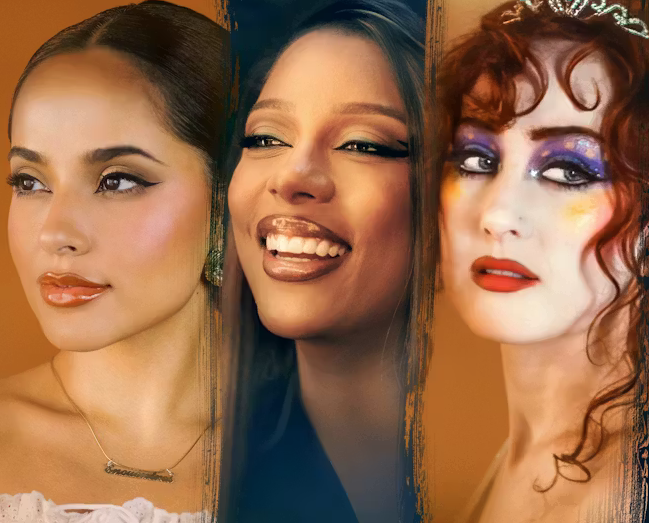 Three women with different makeup styles and expressions, facing different directions against a warm background.