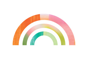 Rainbow Icon cut from collaged painted paper  it is red, pink, green, lime, and teal.