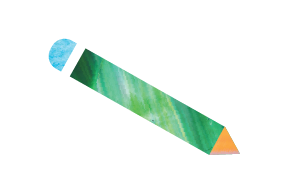 A collage style icon of a pencil cut from painted paper. the eraser is blue, the pencil is green and the tip is orange.
