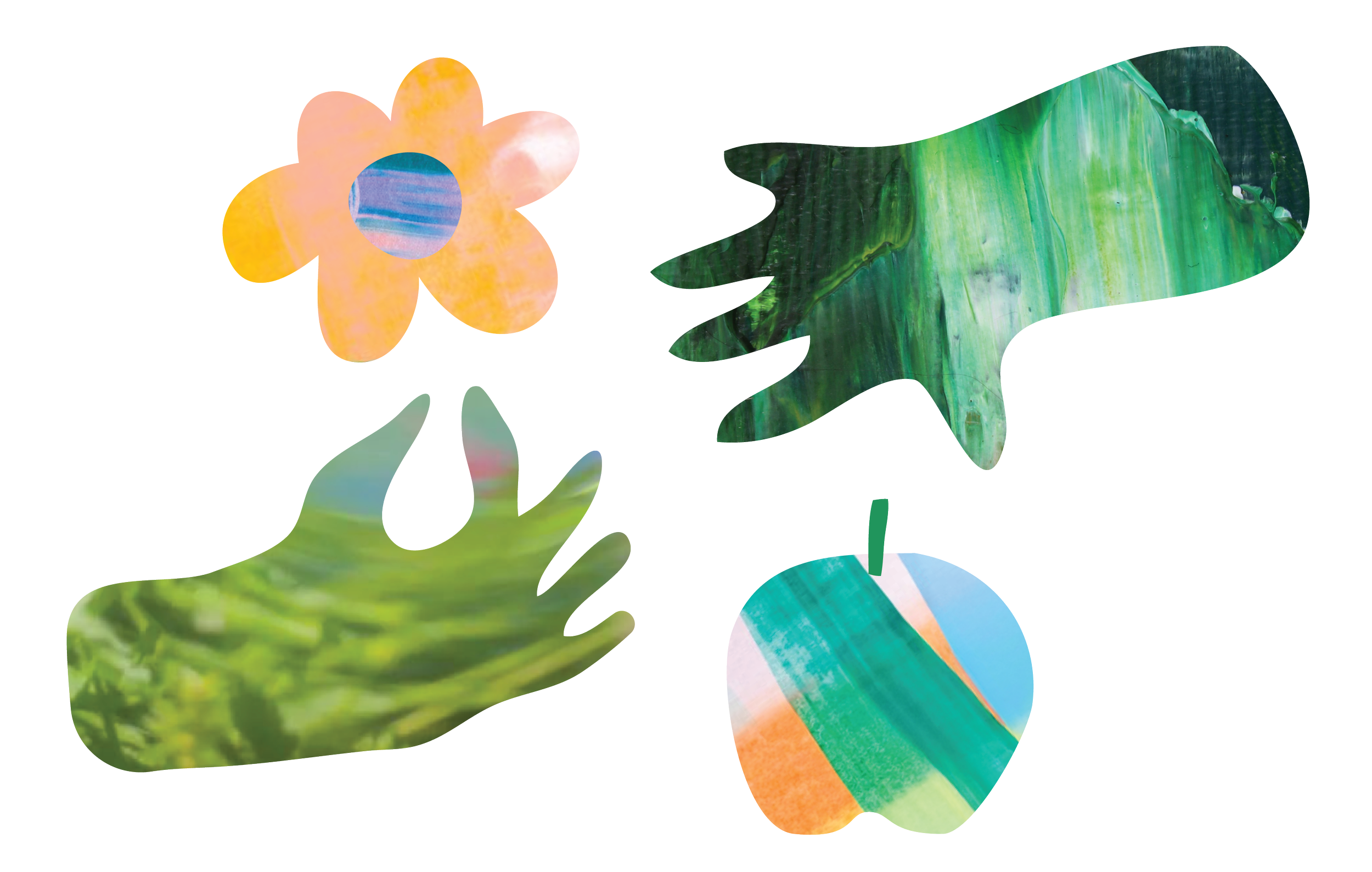 Two collaged hands cut out. one curt from a photo of green plants and the other from a green abstract painting. In the same style there is a flower above one and an apple below the other. Both hands look as if they are about to grasp the object