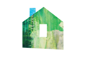 A Collage Style house made out of green and blue painted textures