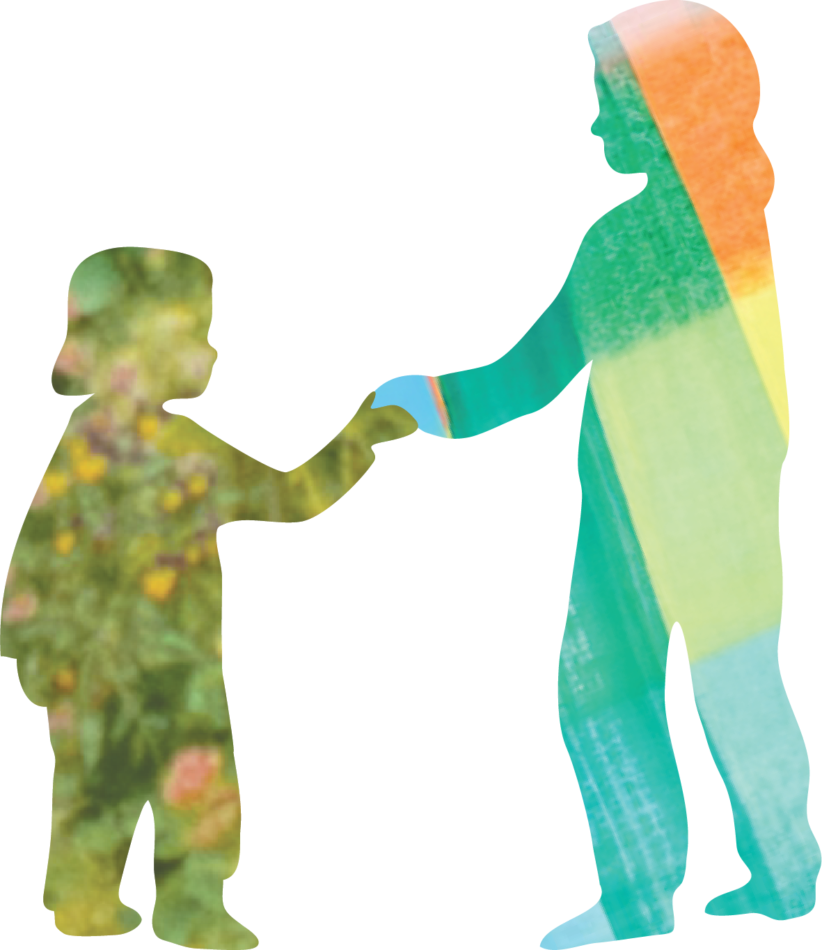 Two collage style figures reaching out to one another and holding hands. the one on the right it a little girl cut from a floral photograph and the one on the left is a youth cut from a blue, green and yellow painting.