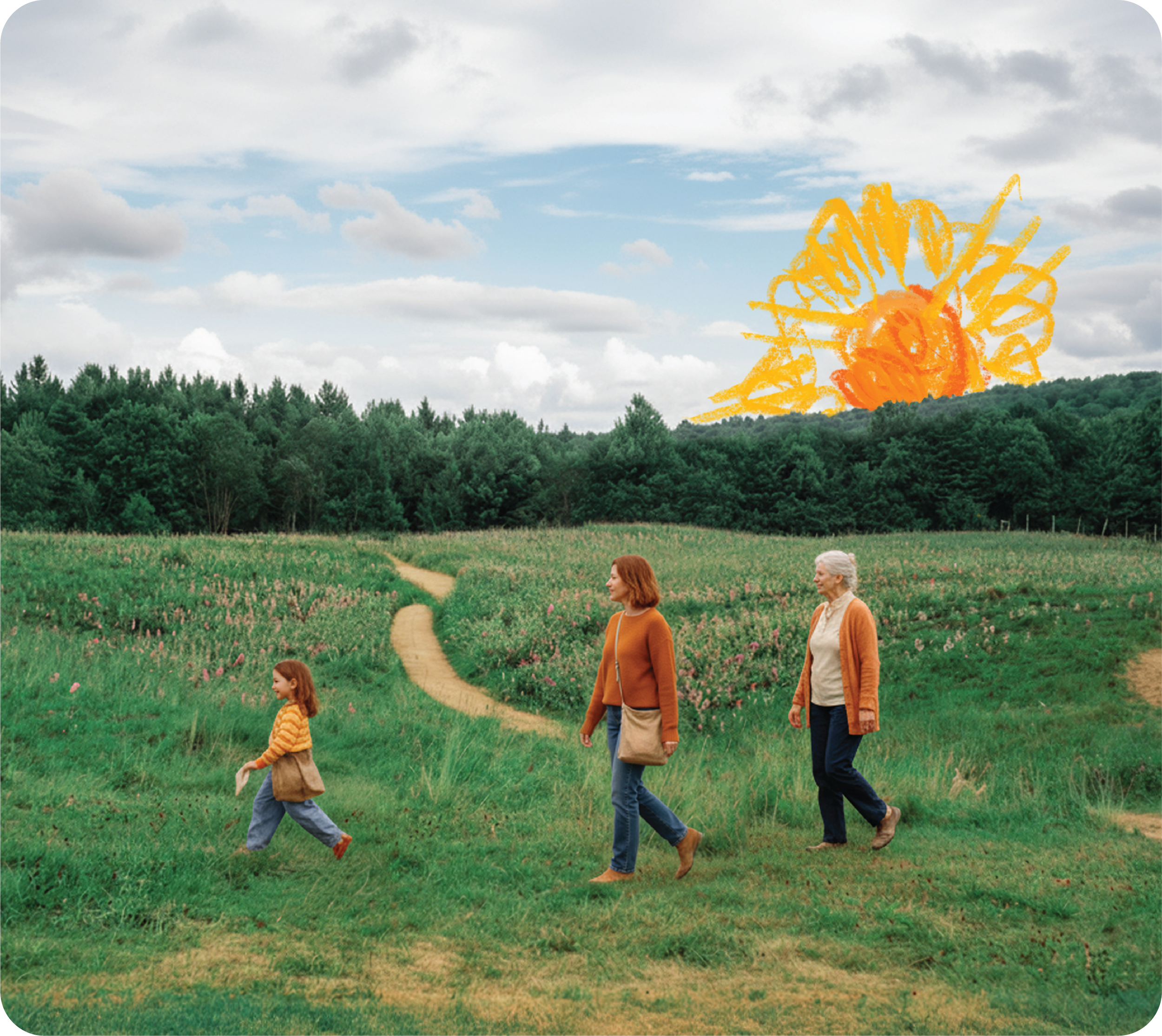 photo of a green field and forest with a scribbled sun peaking out from behind the trees. In the foreground there are three women walking in a line, one young, one middle aged, and one old hinting to the lifespan of an individual.
