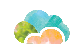 a collaged cloud icon cut from painted paper and a floral photograph. it is green blue and peach.