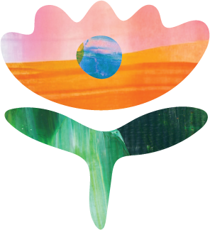 A collage stayle flower made out of pink, orange, and green painted textures