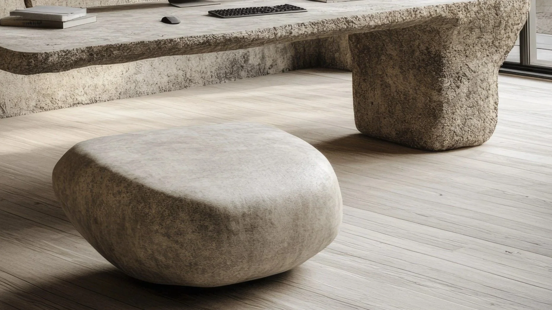 A minimalist living room with a stone coffee table and a matching stone ottoman on light wood flooring.
