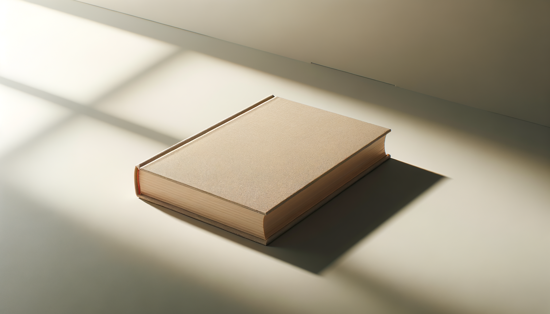 A closed beige hardcover book on a white surface with sunlight casting shadows.