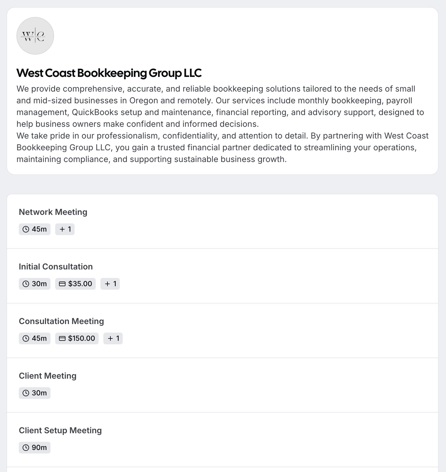Screenshot of a booking schedule for West Coast Bookkeeping Group LLC, displaying various meetings including Network Meeting, Initial Consultation, Consultation Meeting, Client Meeting, and Client Setup Meeting with their durations and prices.
