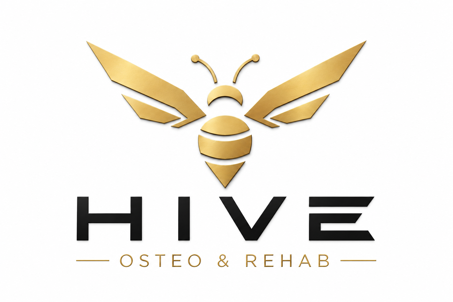 A logo featuring a stylized gold bee with wings, antennae, and body segments, above the words 'HIVE' in black, and 'OSTEO & REHAB' in gold underneath.