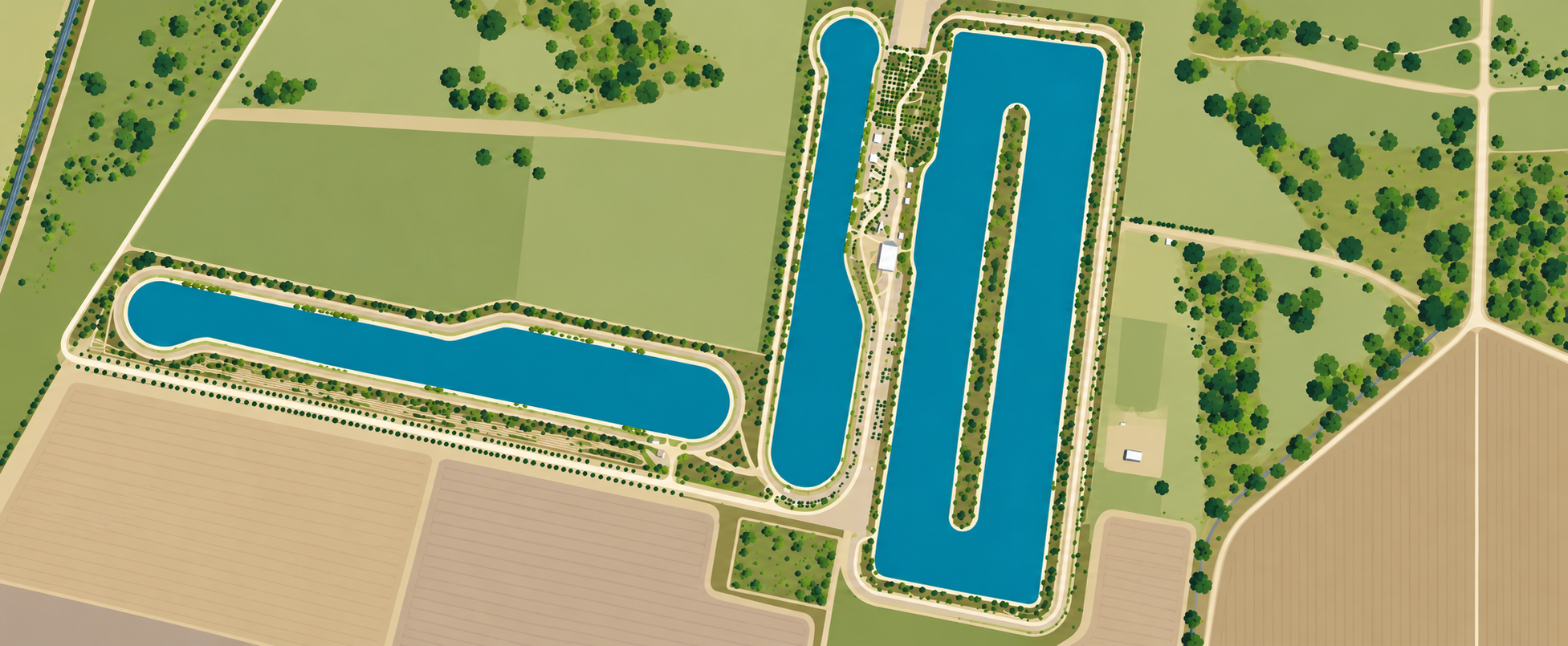 A map showing a water park with three large water slides and a lazy river, surrounded by green trees and open fields. Moree Water Ski Club