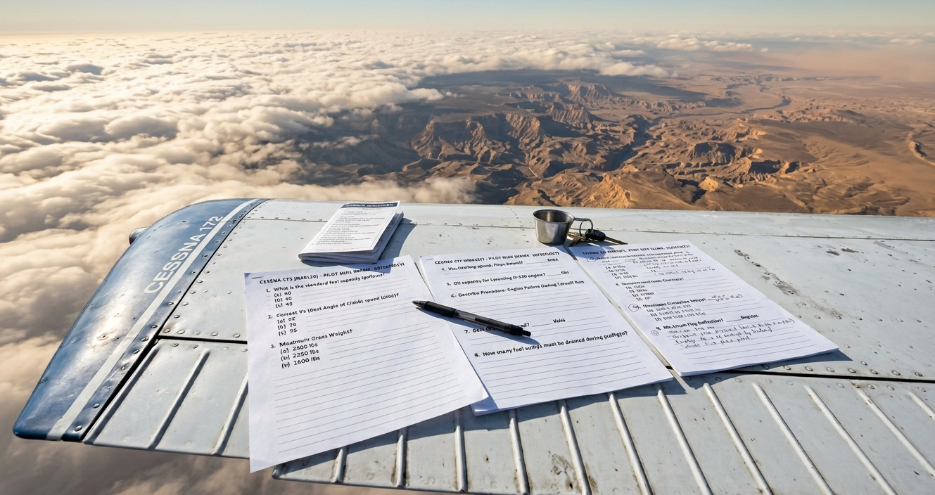 Flight control or navigation documents, pen, and small metal cup placed on airplane wing above clouds with mountain landscape in the background.