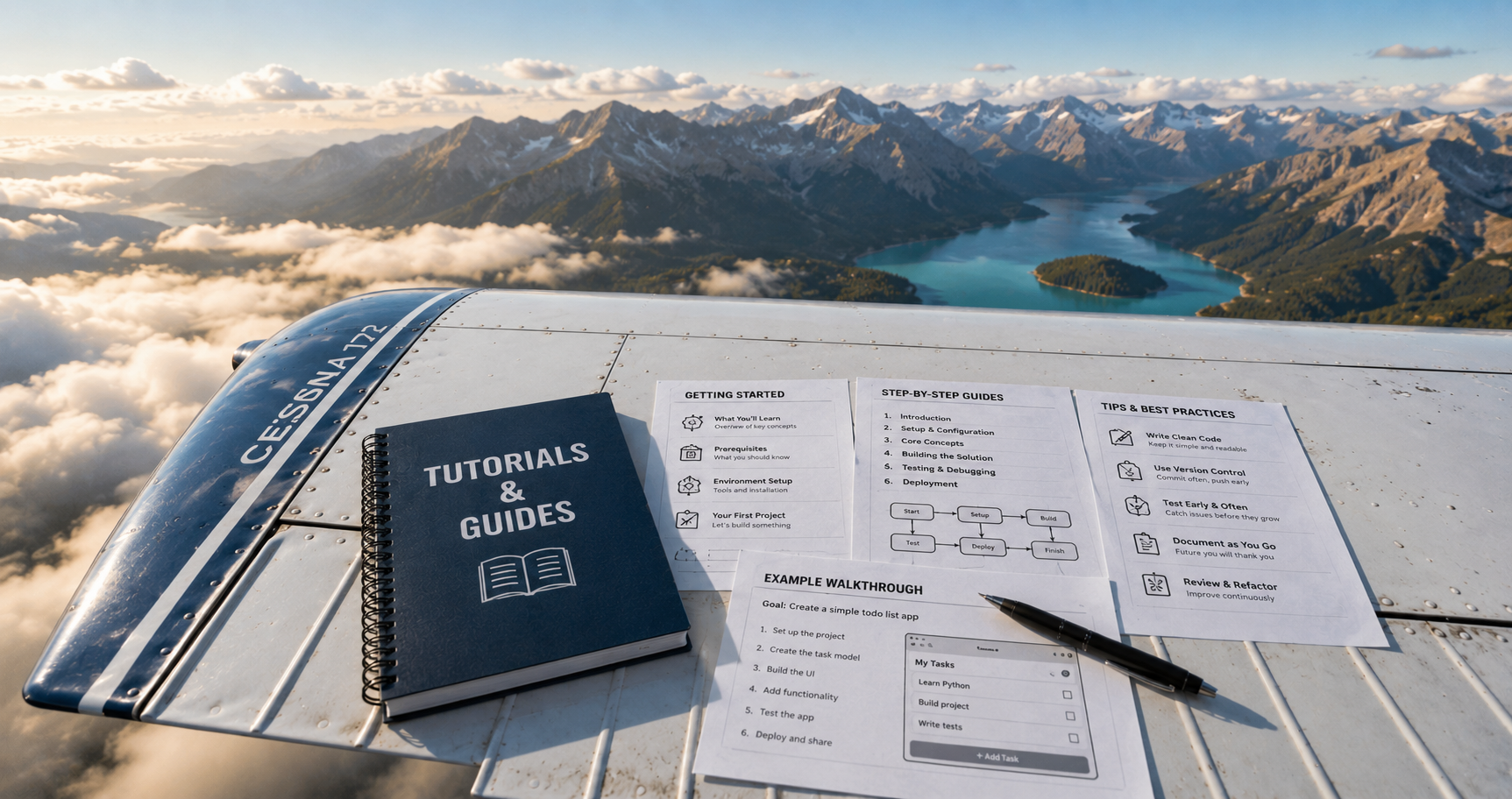 Aerial view from an airplane window showing mountains, a lake, and clouds with open guides, tutorials, and notes on the airplane wing.