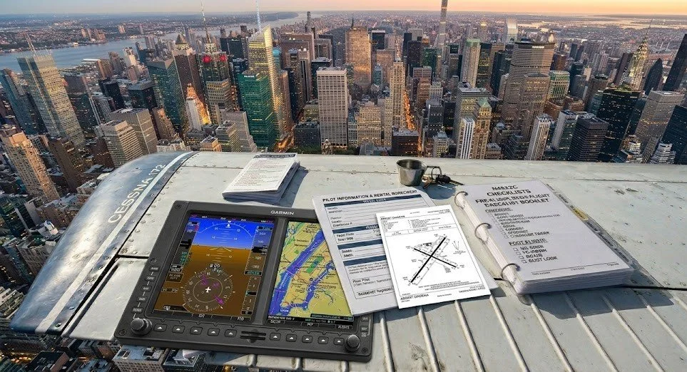 A drone cockpit with navigation and flight information on a tablet, checklists, and a pen, set against a city skyline during sunset.