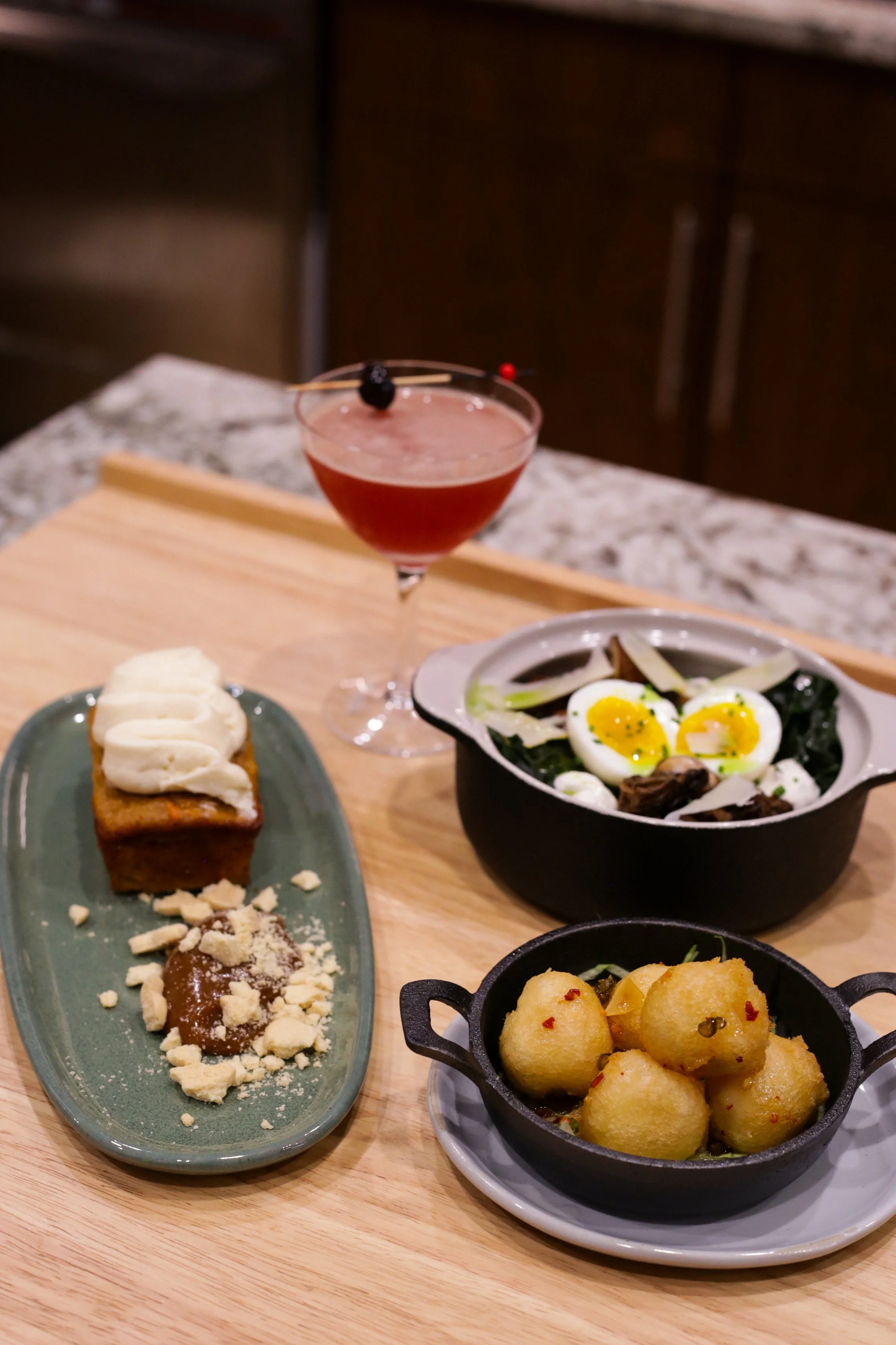 Crimson Outlaw, Carrot Cake with Cream Cheese Frosting, Mushroom & Farro Bowl, & Fried Goat Cheese with Hot Honey